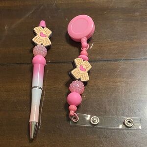 Pink and White Beaded Pen and Badge Reel Set